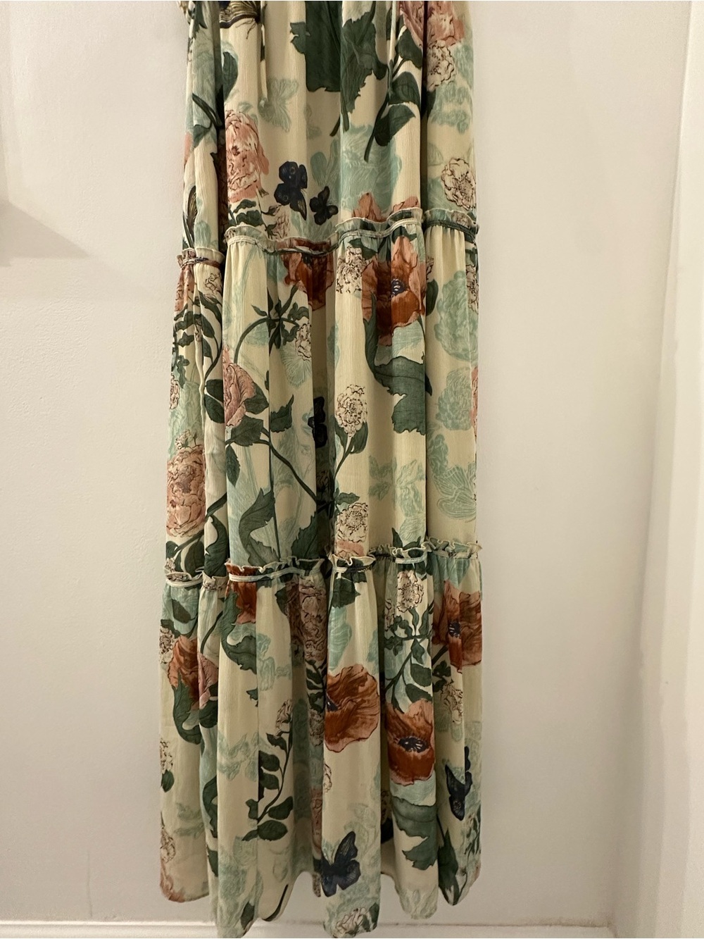 Mauve Floral Tiered Maxi dress in Cream, Green and Rust
